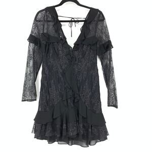 For Love and Lemons Women's Sz S Daphne Long Sleeve Ruffle Lace Mini Dress Black